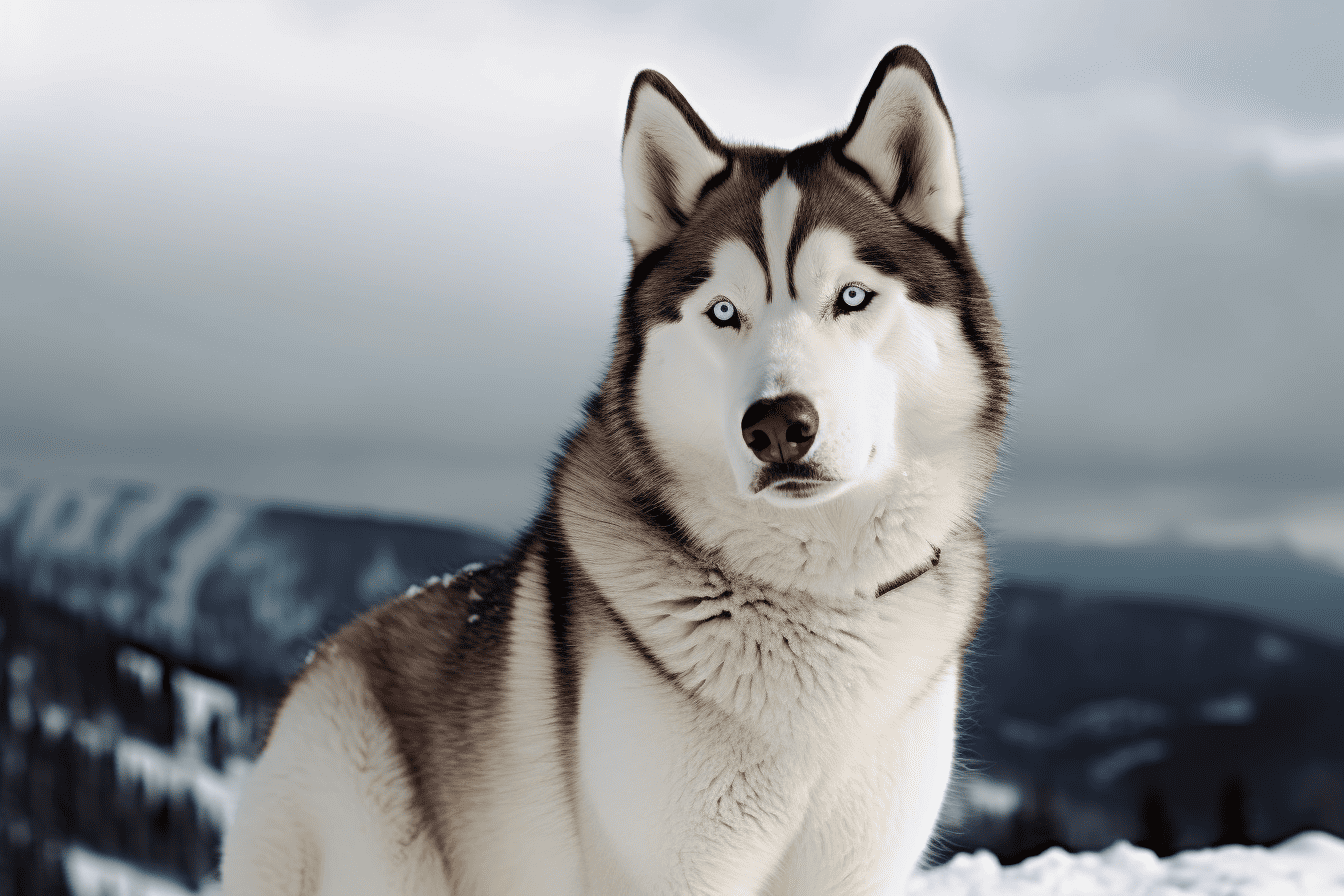 Husky with icy blue eyes in snowy mountain setting.