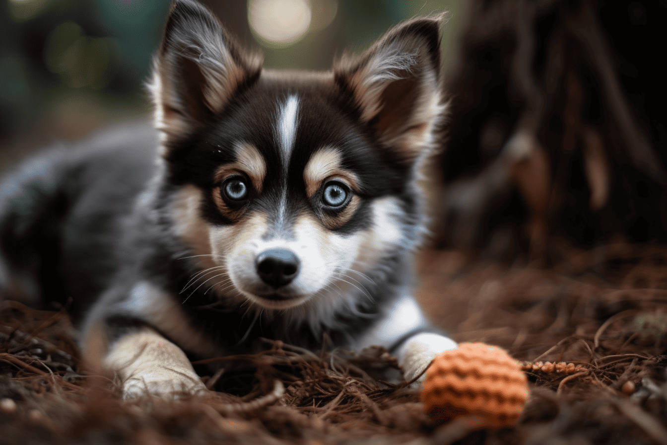 Adorable husky puppy with striking blue eyes lying on brown leaves in a forest setting.