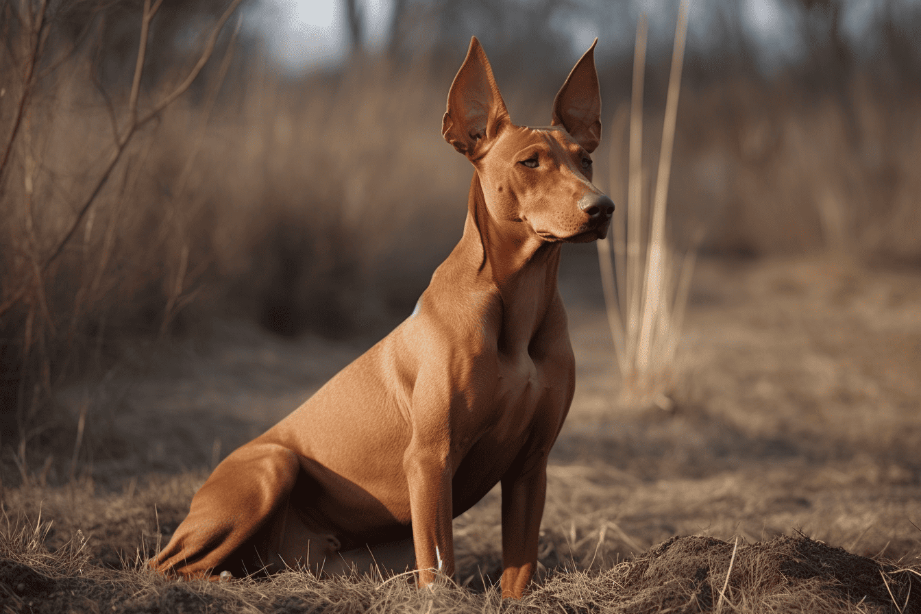 Dog sitting outdoors in a natural environment, brown fur, alert and attentive, with a blurred natural background.