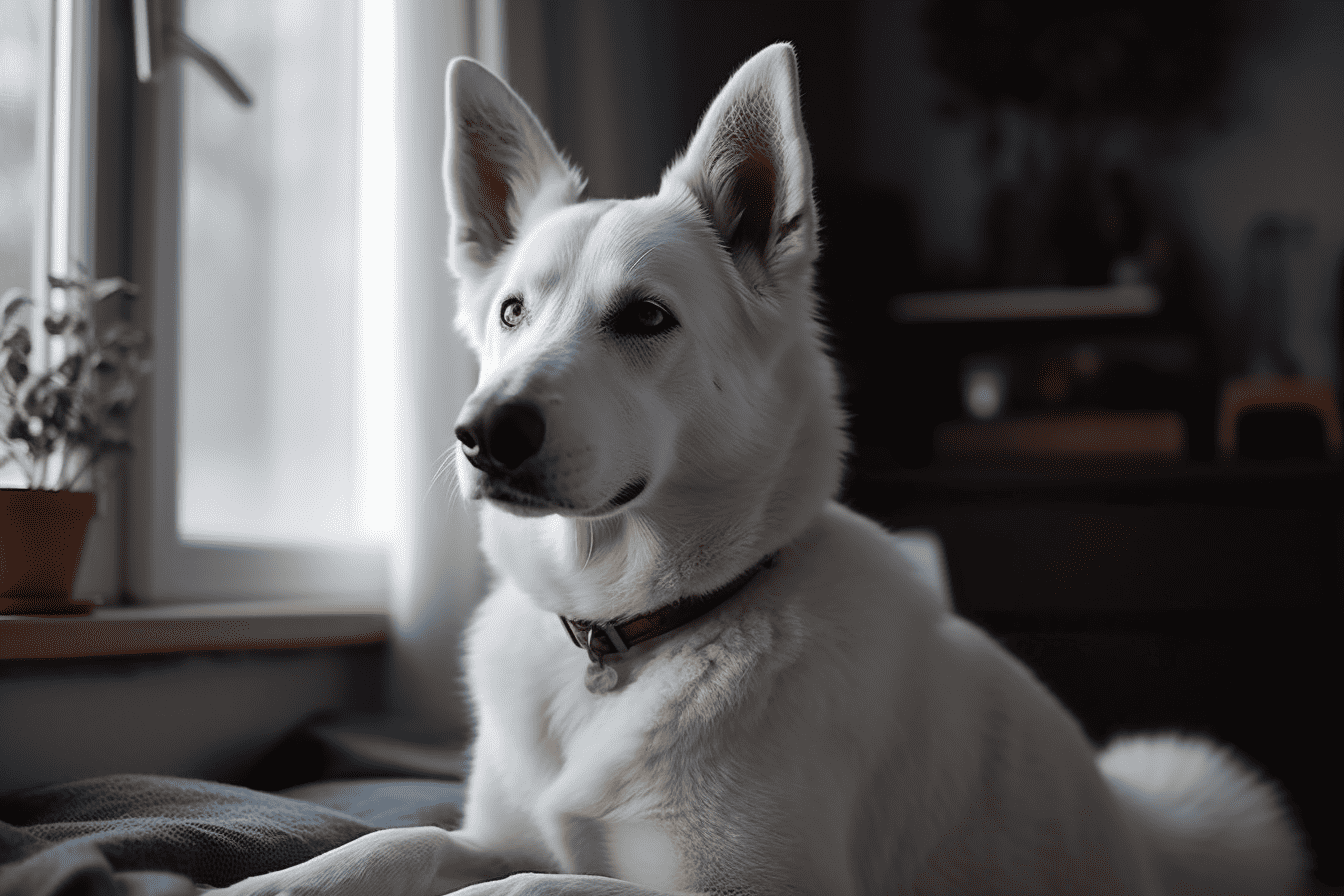 Adorable white husky sitting by a window, showcasing playful and loyal dog behavior. Perfect for dog lovers and pet care.