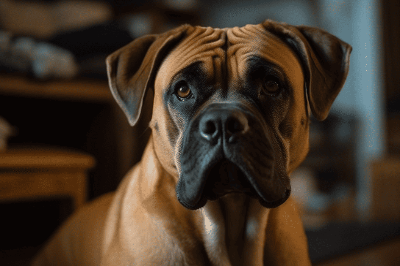 Dog breed close-up, adorable large dog with a muscular build and expressive eyes, indoor setting.