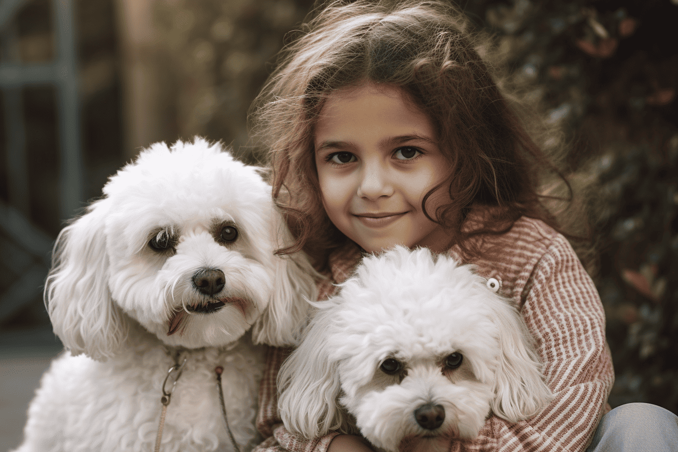 Adorable girl cuddling two fluffy white dogs outdoors, showcasing love for pets and dog care.