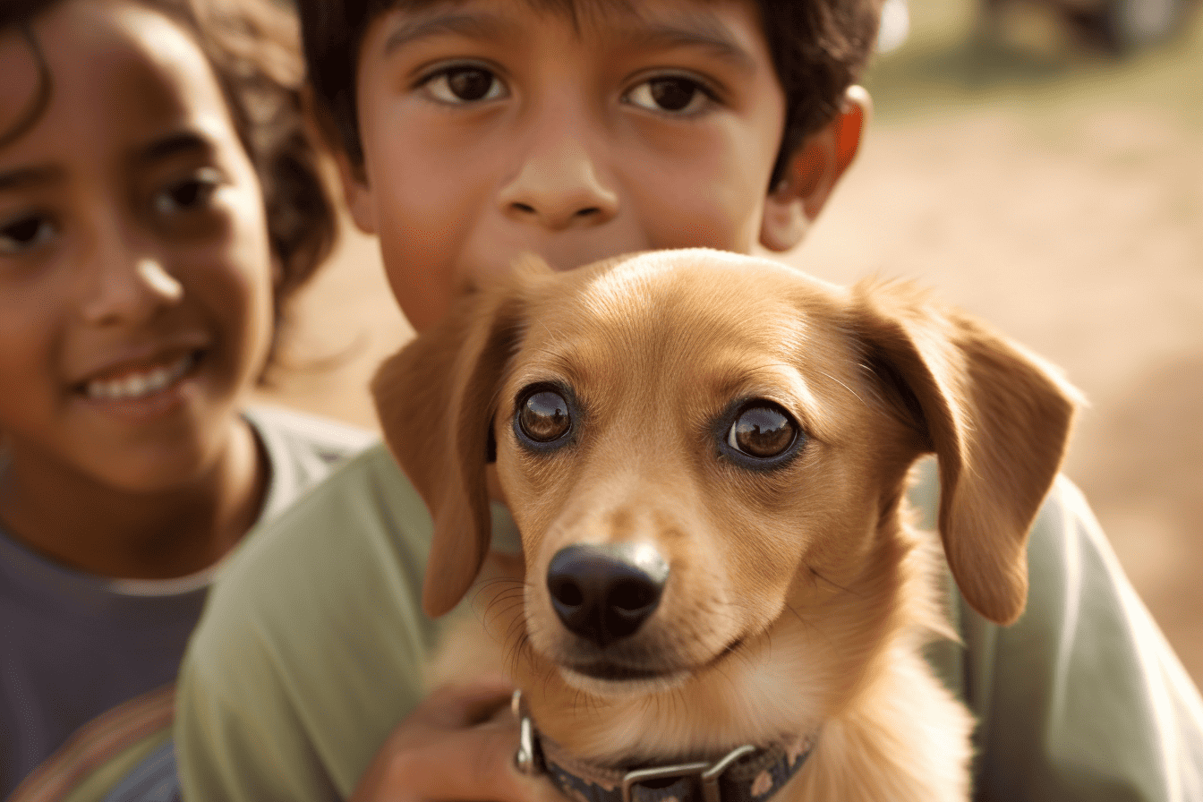Friendly dog with children in an outdoor setting, emphasizing pet love and family bonding.