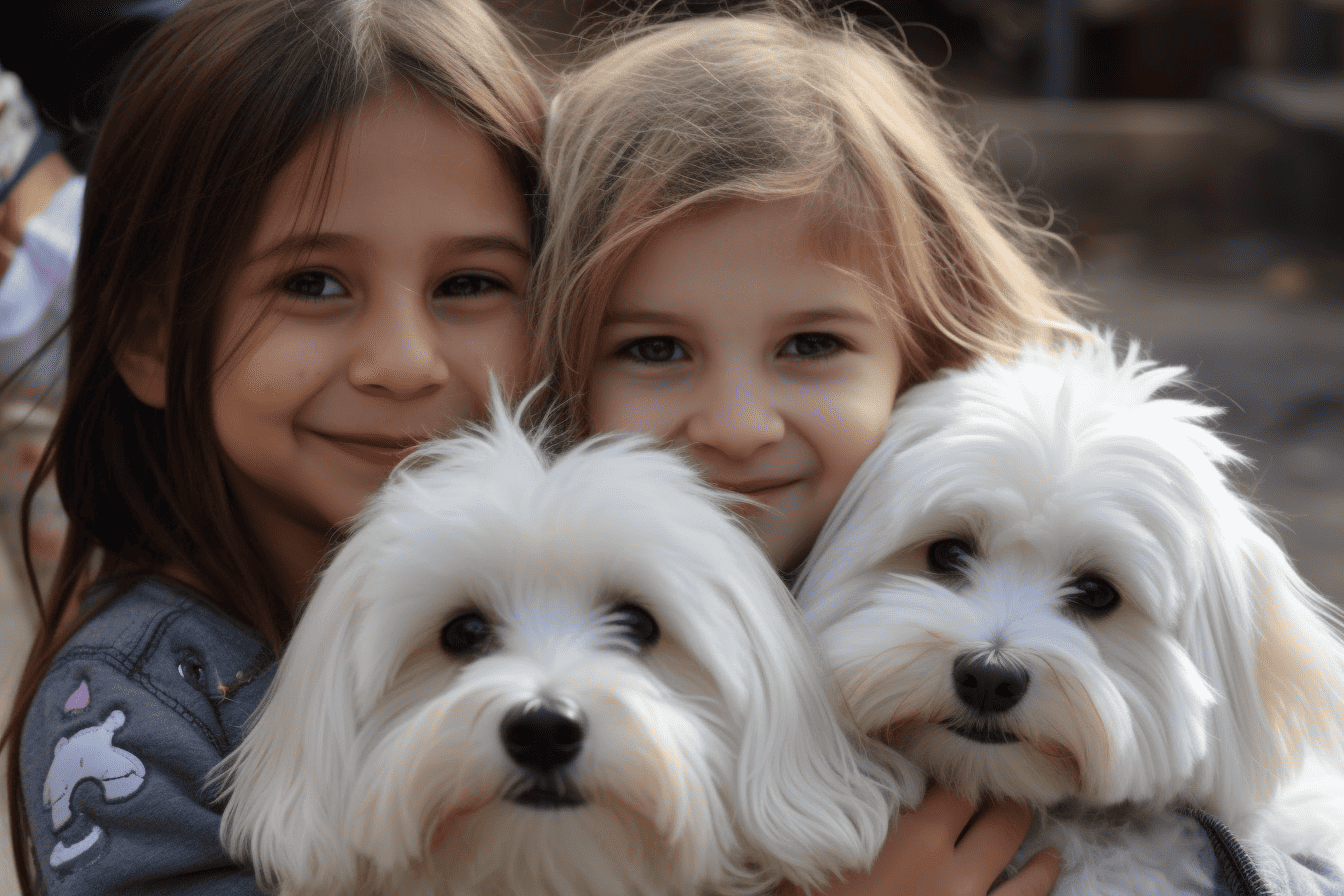 Cute kids with adorable white dogs enjoying outdoor fun.