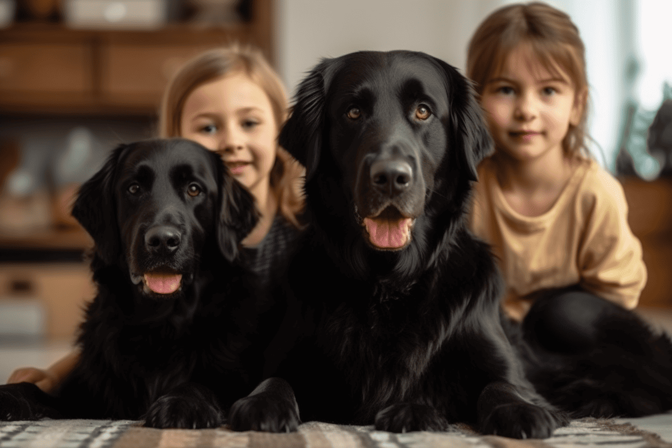 Adorable black retriever puppies with children indoors, highlighting pet care and family bonding.