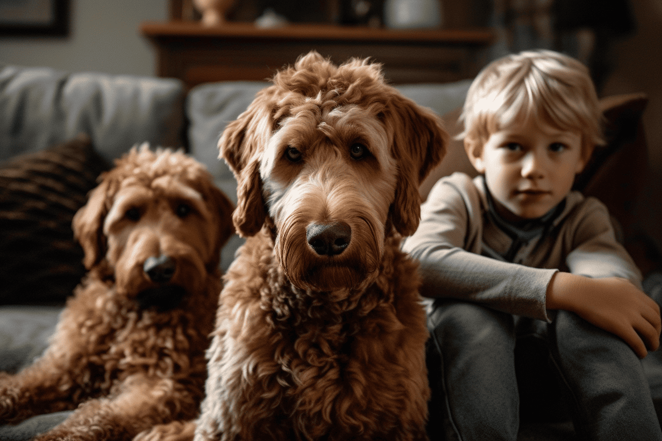 Adorable Labradoodle dogs and a young boy relaxing together on a comfortable couch, perfect for family pet moments.