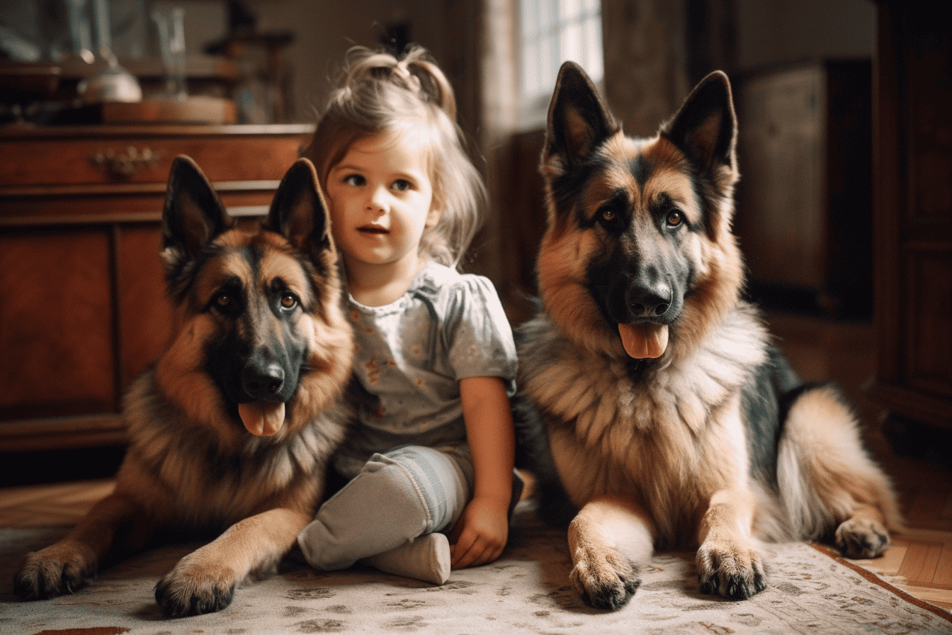 Adorable girl sitting with two German Shepherds at home, showing love for pets.