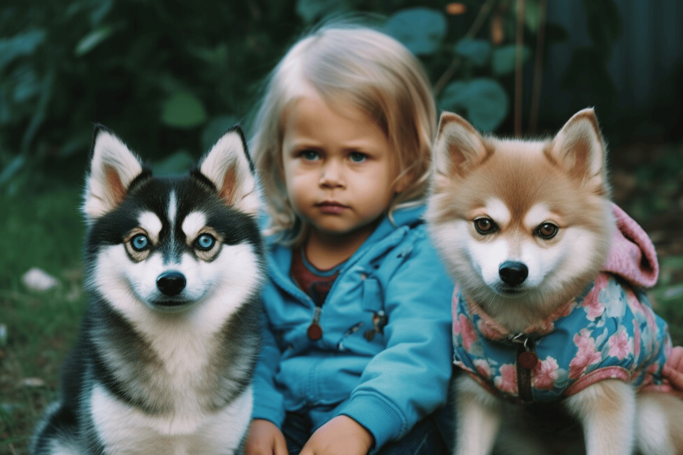 Adorable puppies with a child outdoors, emphasizing dog rescue and companionship.