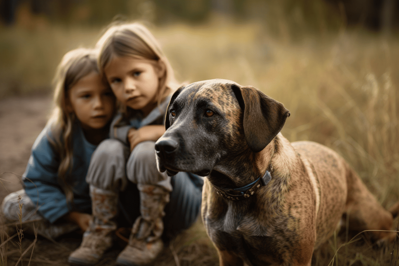 Adorable rescue dogs with children enjoying outdoor countryside setting.