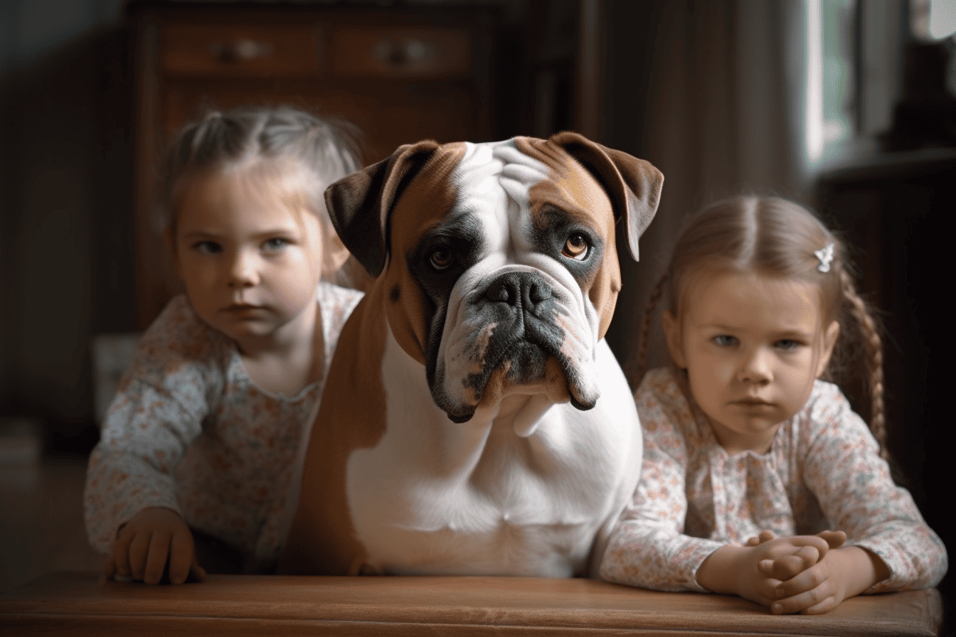 Adorable dog with children on wooden floor.