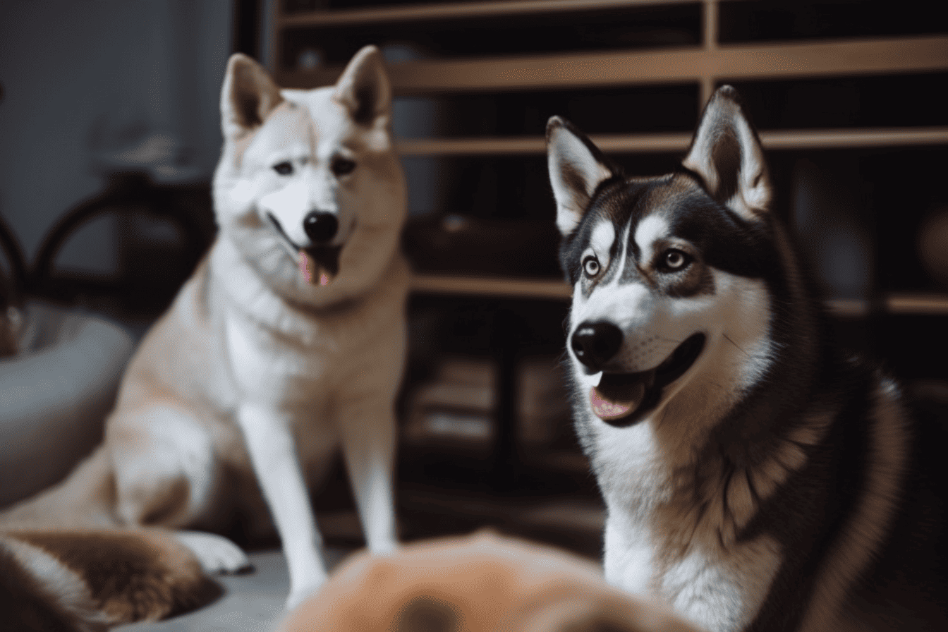 Adorable Siberian Huskies sitting together in cozy home setting.