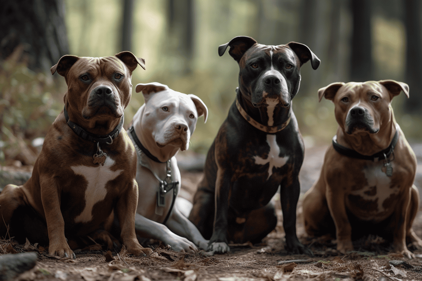 Adorable pitbull dogs sitting together in a peaceful forest setting.