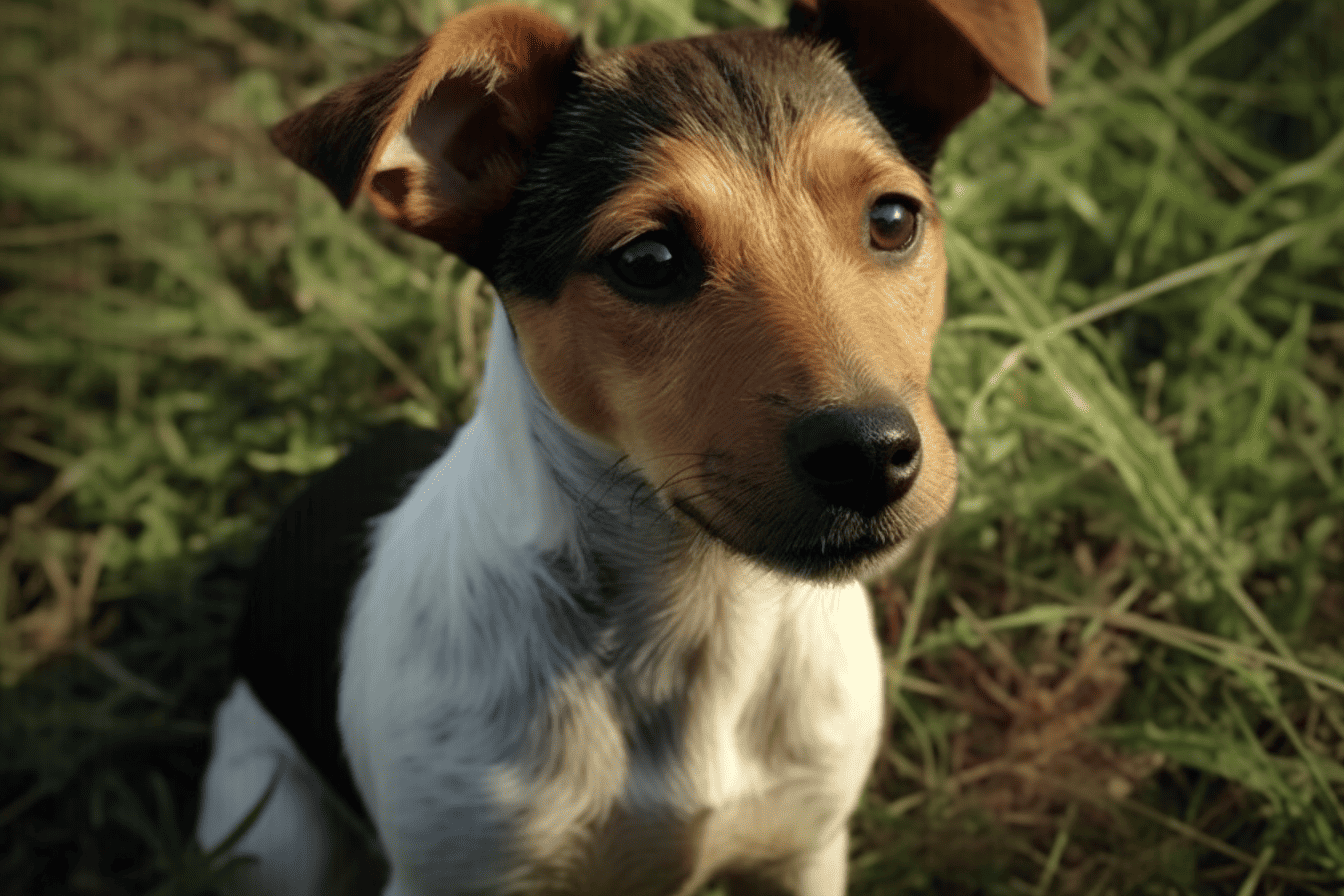 Adorable Jack Russell puppy outdoors in green grass, looking curious and alert. Perfect for dog care and training tips.