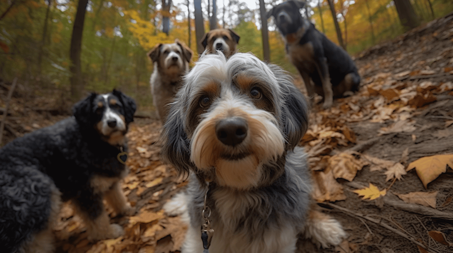 Close-up of a cute, fluffy dog with soulful eyes in a forest during fall.