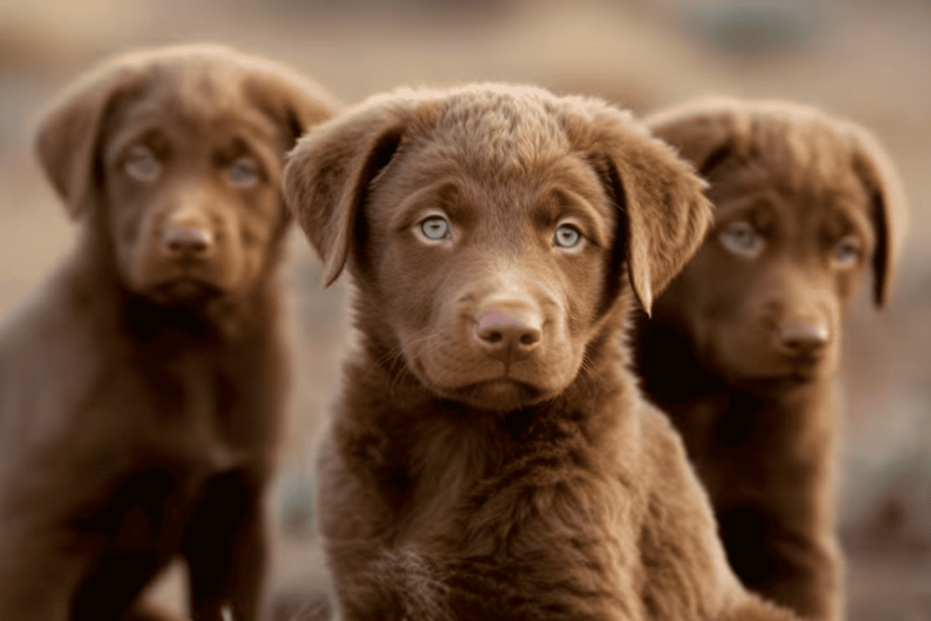 Adorable brown puppies with piercing blue eyes in a natural setting.