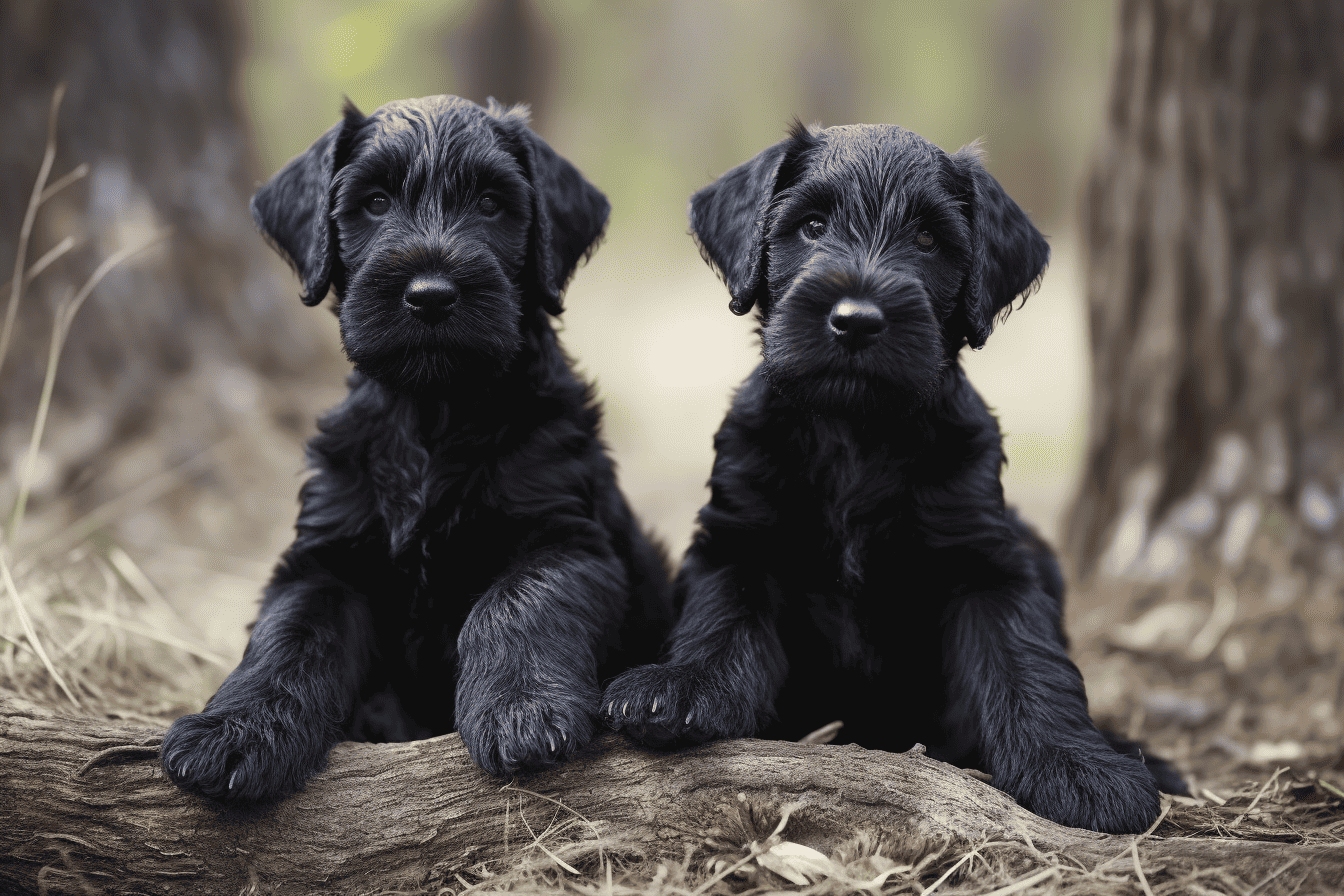 Cute black Labrador puppies, playful and adorable, sitting on a log in the forest.