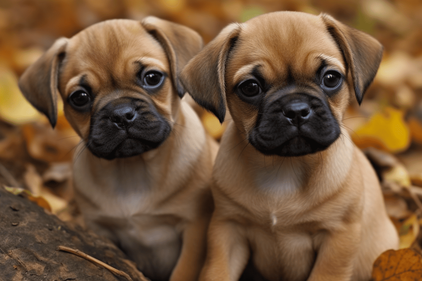 Adorable puppy dogs with expressive dark eyes and black noses in a cozy outdoor setting.