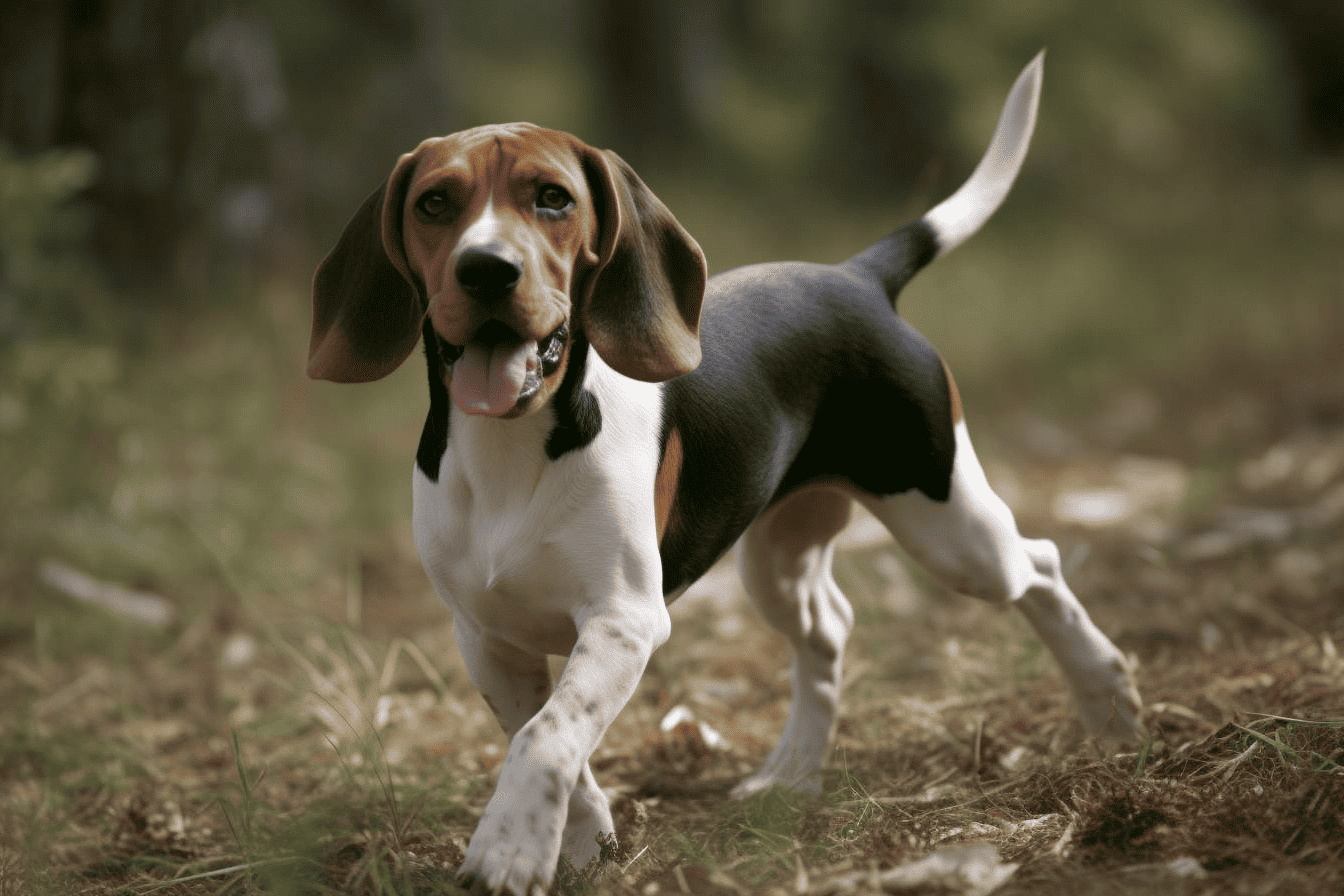 Dog running outdoors in forest, playful and energetic.