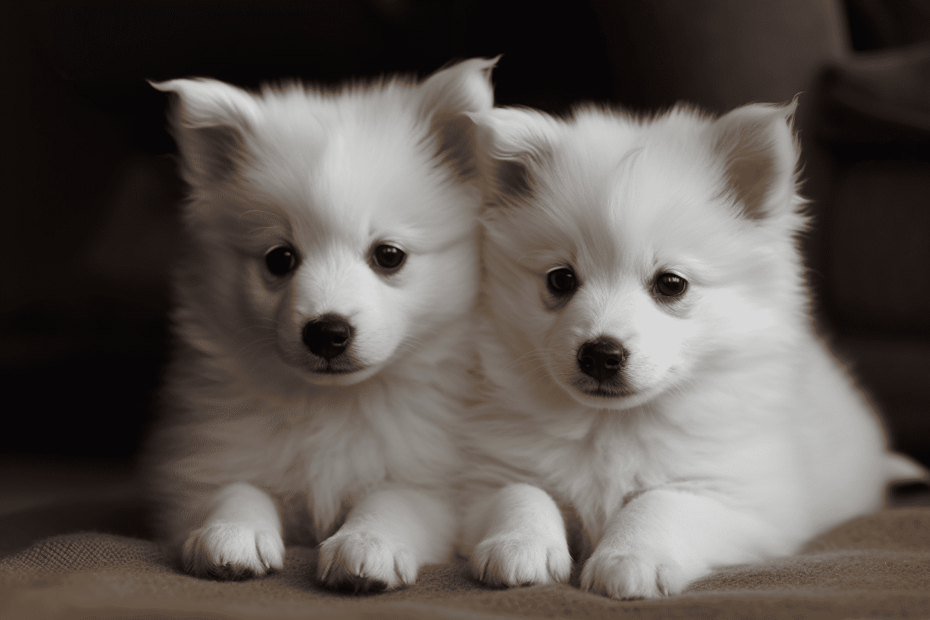 Cute white puppies lying close together, playful, and cuddly breed, perfect for family pets.