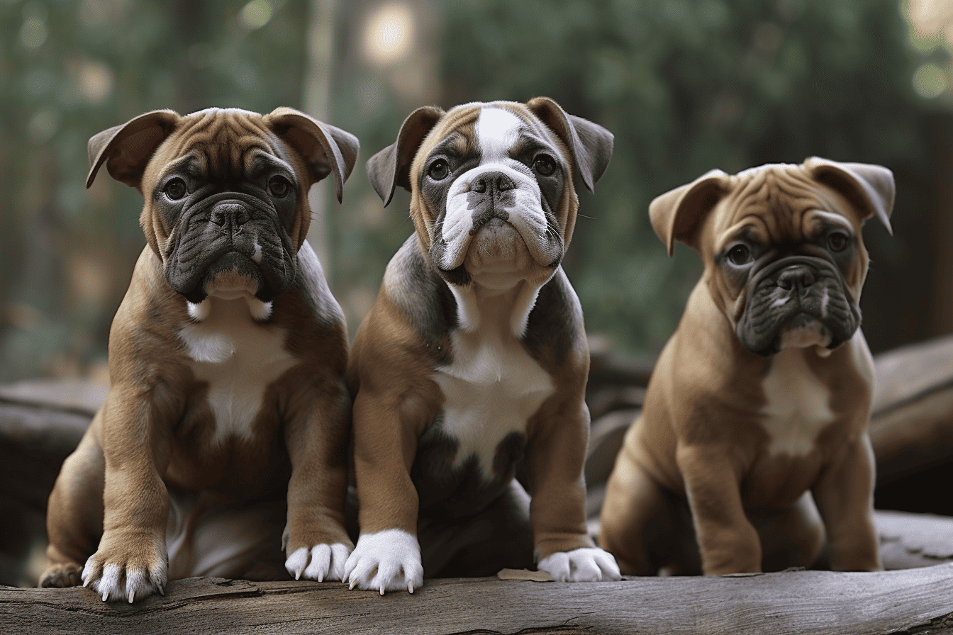 Adorable bulldog puppies sitting on a log, outdoors, lovable and curious, perfect for dog lovers.