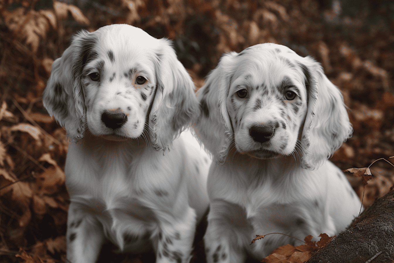 Cute English Setter puppies sitting outdoors, breed-specific dog photos for pet care and training.