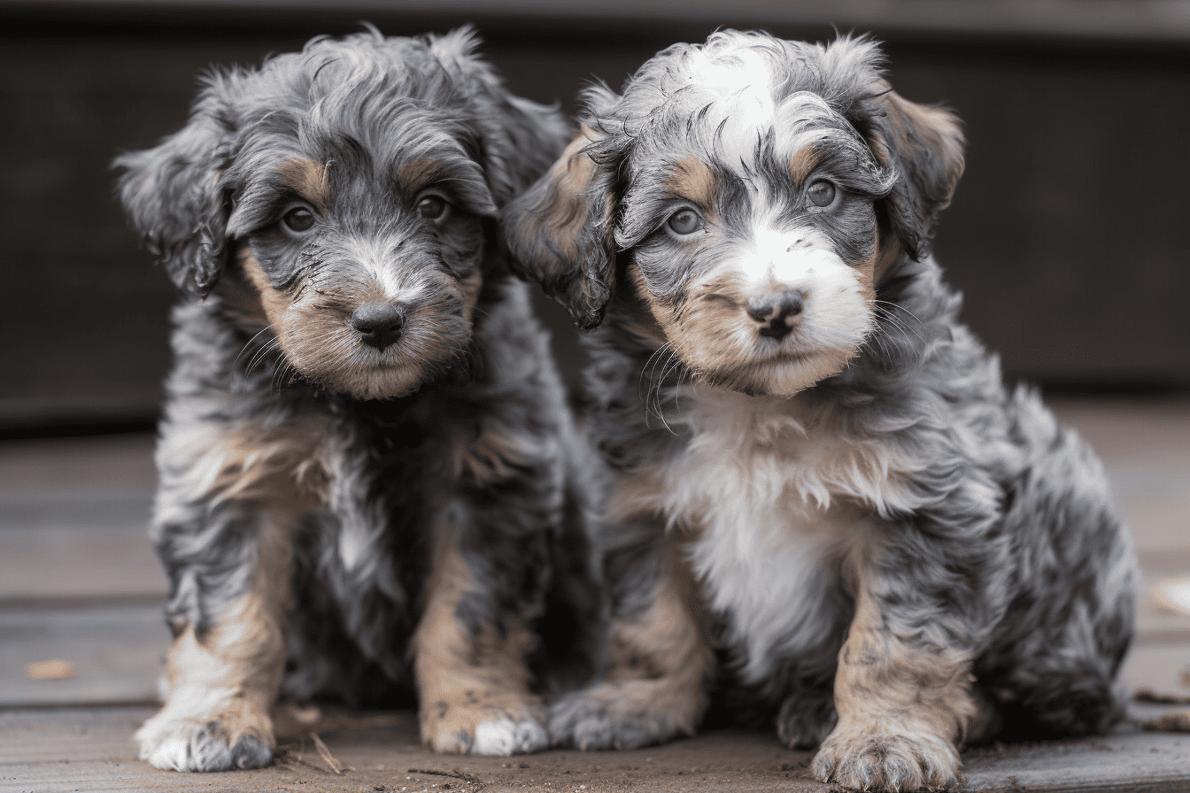 Adorable Australian Shepherd puppies sitting side by side outdoors on a wooden surface.