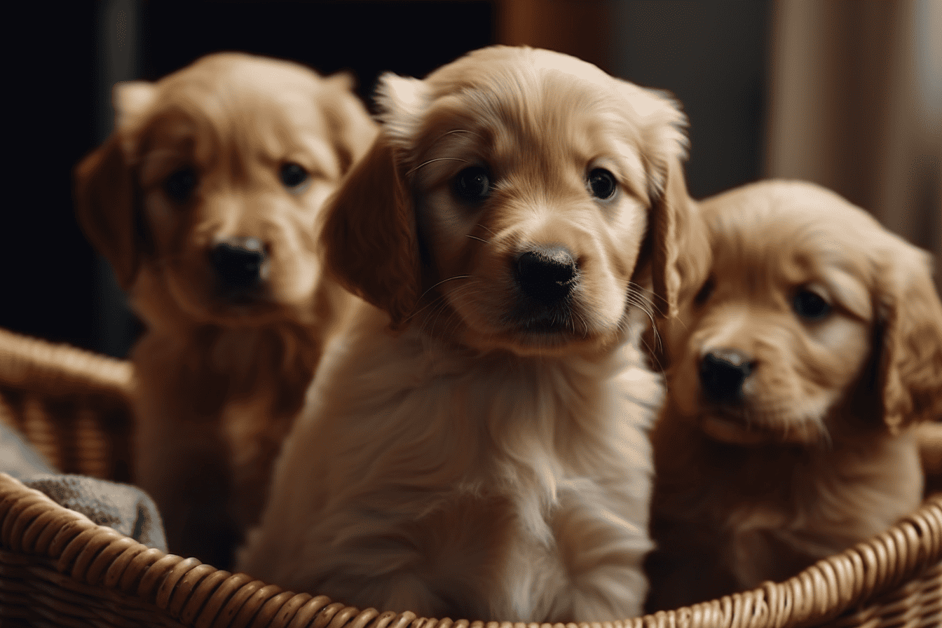 Adorable golden retriever puppies in a cozy basket, perfect for pet lovers searching for puppies.