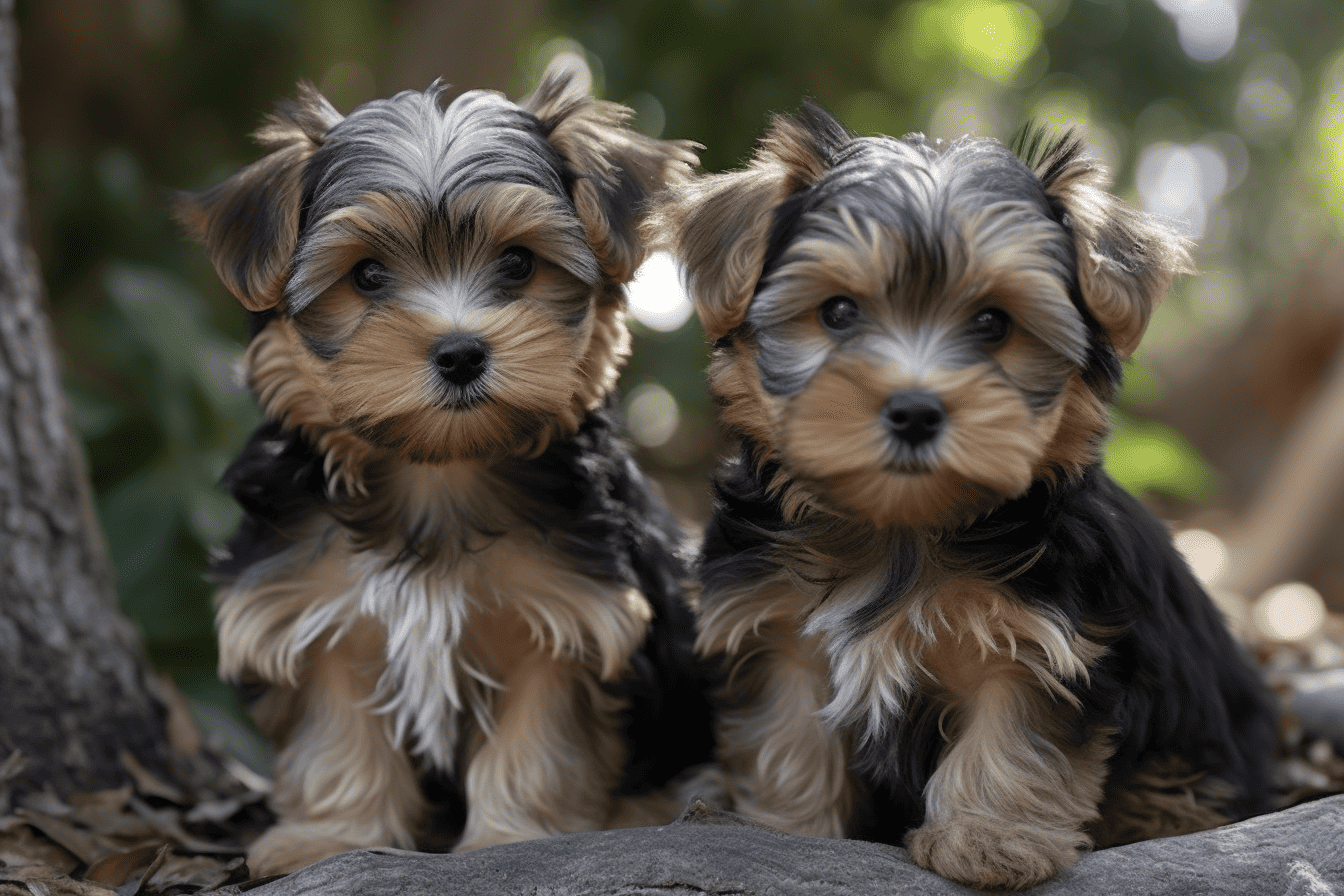 Adorable Yorkshire Terrier puppies enjoying outdoor nature environment, perfect for pet lovers and dog enthusiasts.