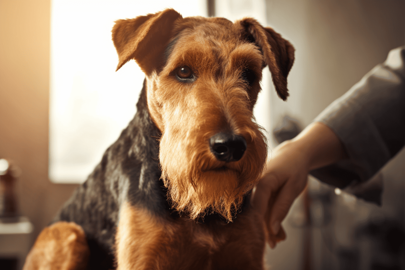 A well-groomed Airedale Terrier getting a professional grooming session.