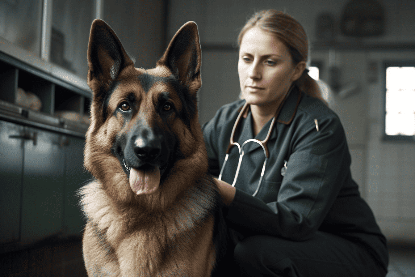 Close-up of a German Shepherd being examined by a veterinarian in an animal clinic.
