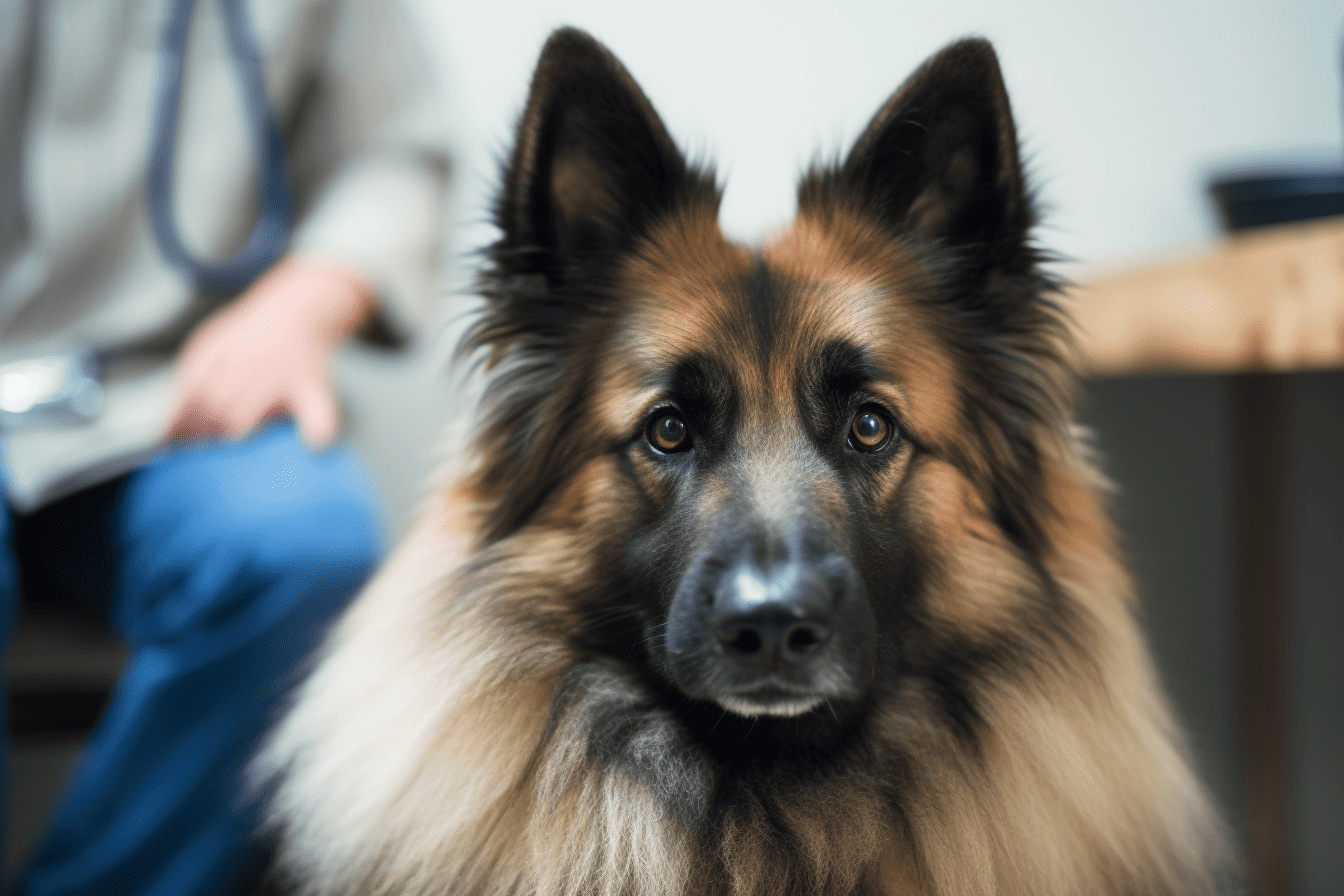 A close-up of a German Shepherd dog at a veterinary appointment with a veterinarian in the background.