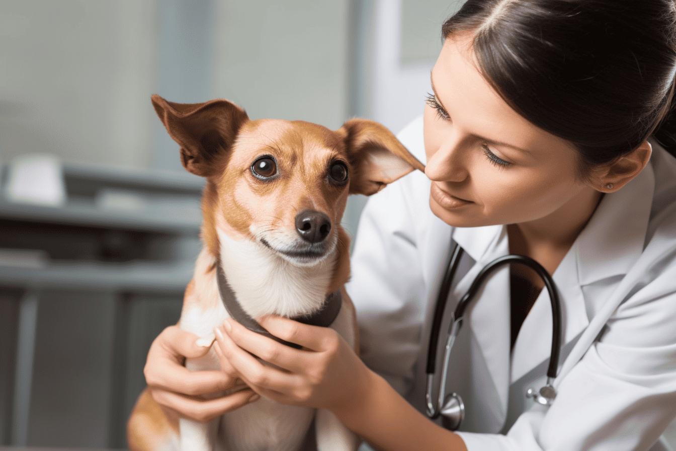 Close-up of veterinarian checking patient's health of small brown dog, in clinic.