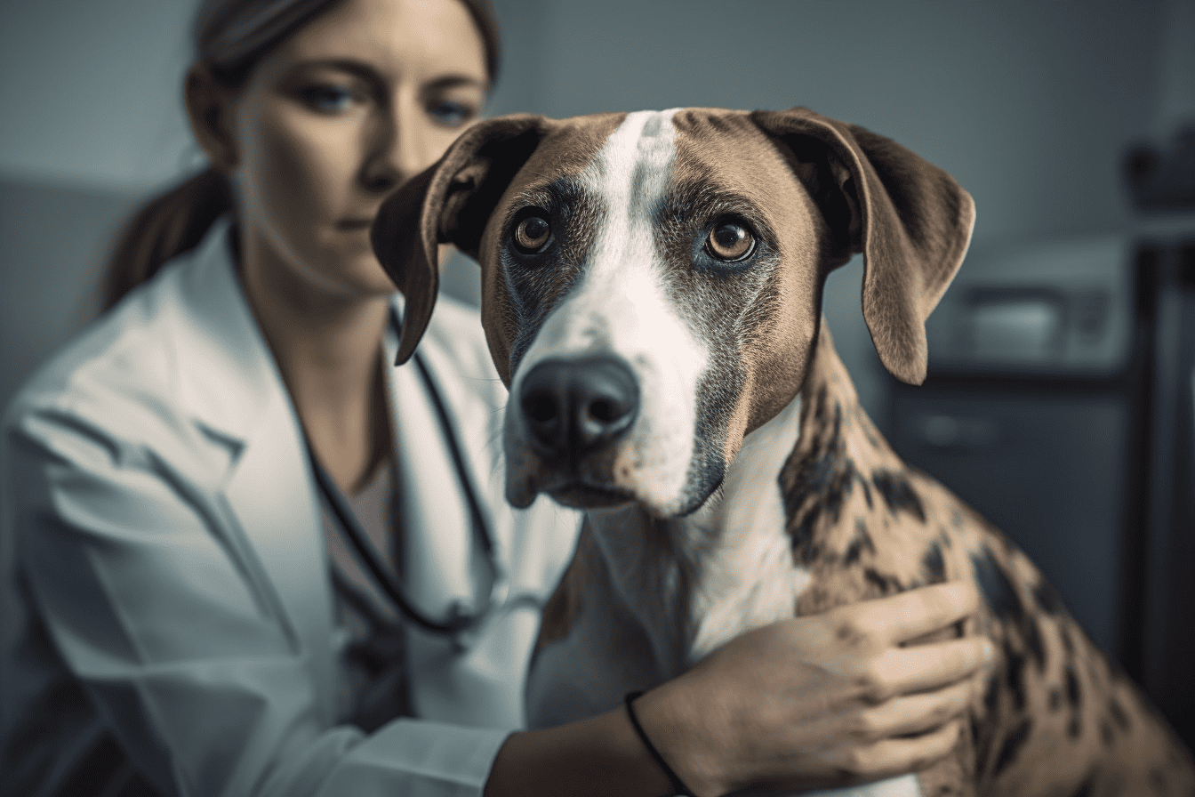 Adorable mixed-breed dog being examined by a veterinarian in a modern veterinary clinic.