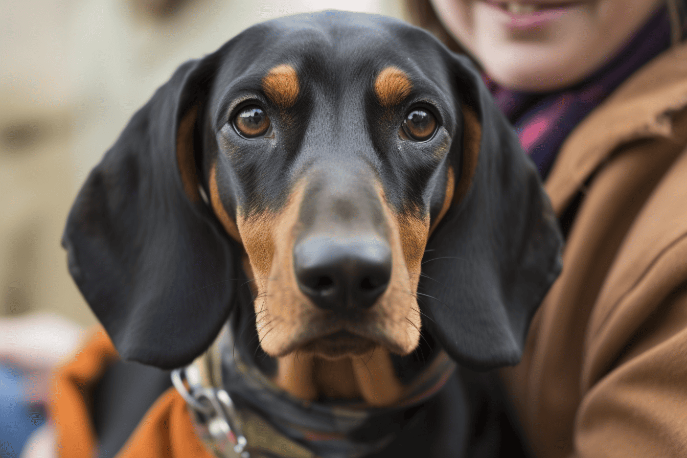 Close-up of a calm and friendly black and tan hound dog with droopy ears, held by a person, showcasing pet safety and health.