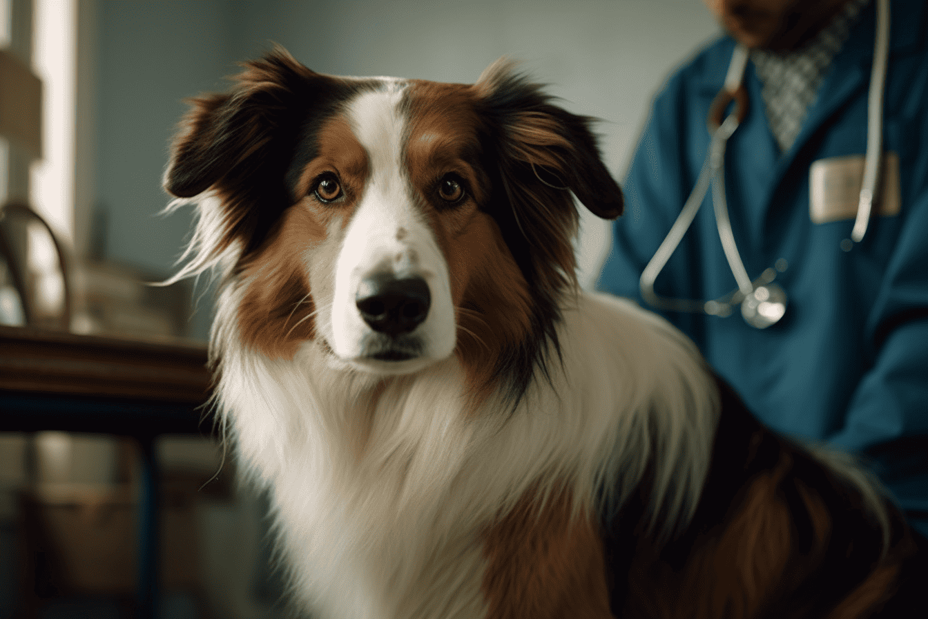 A friendly veterinarian examines a beautiful Australian Shepherd dog in a veterinary clinic.