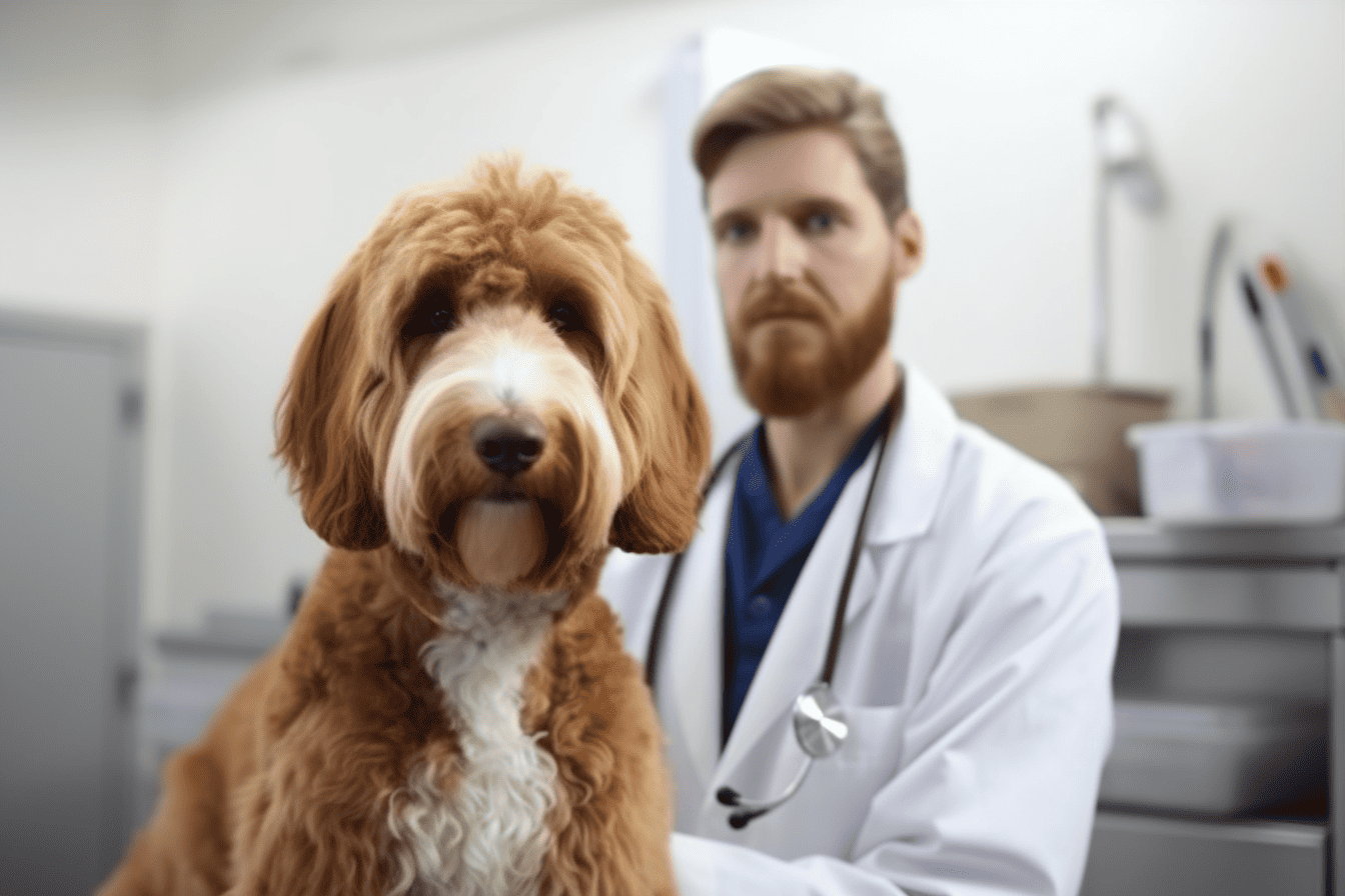 Friendly veterinarian examining a fluffy brown dog at the veterinary clinic.