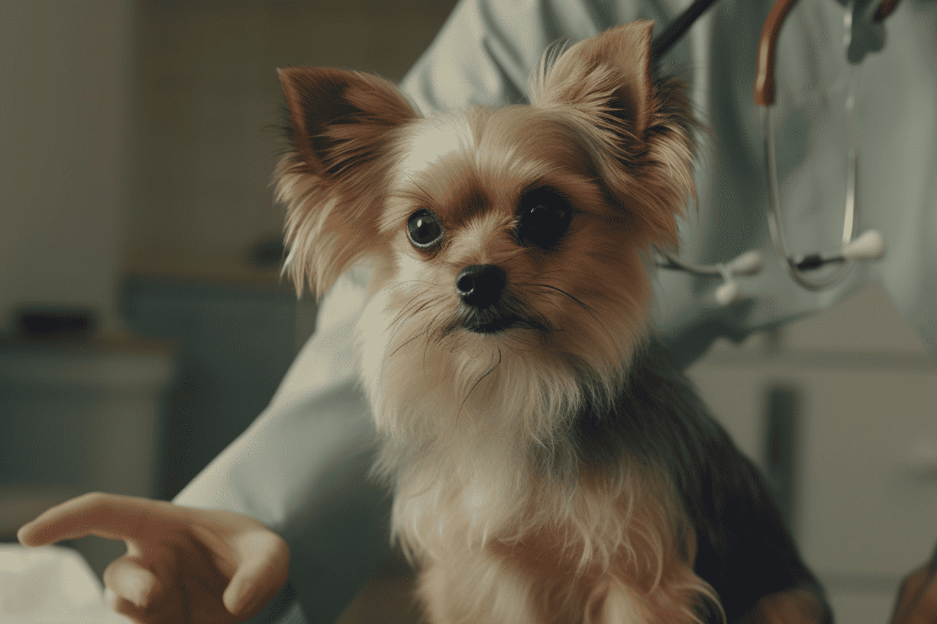 Dog receiving veterinary care with stethoscope in background.