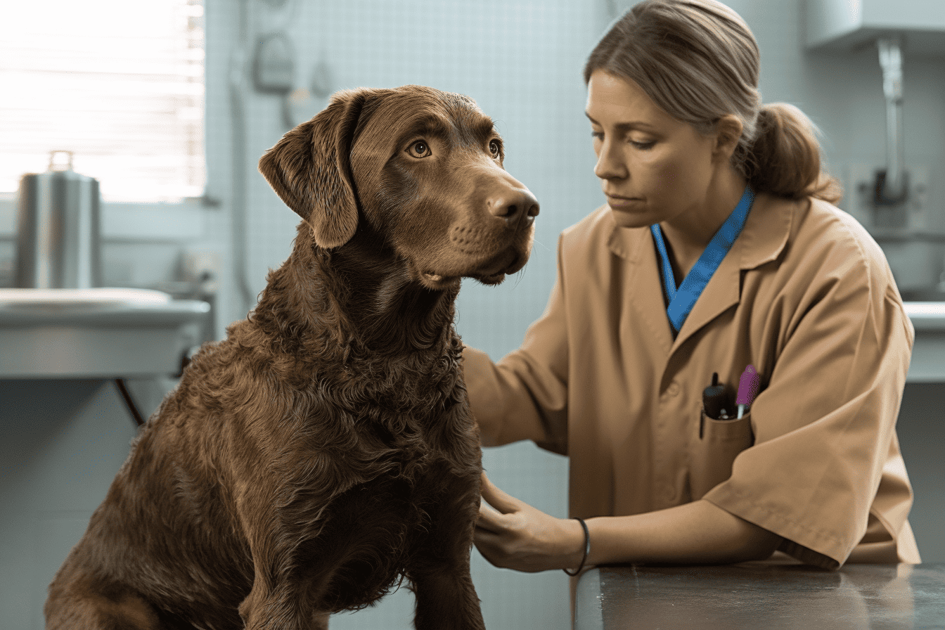 Dog looks at the veterinarian closely during checkup.
