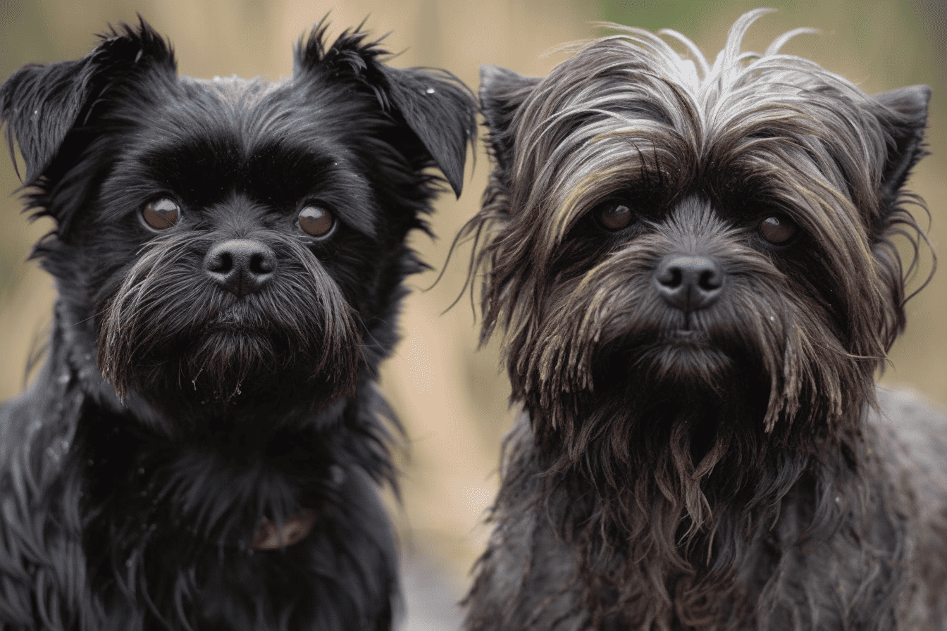 Adorable two dogs, one black and fluffy, the other brown and wiry, outdoors.