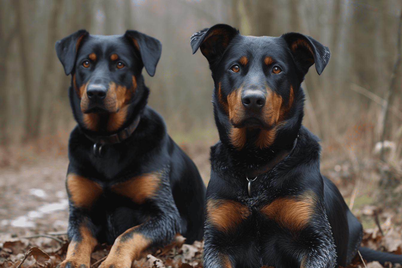 High-quality image of two Rottweilers sitting on a forest trail, showcasing their shiny coats and alert poses.