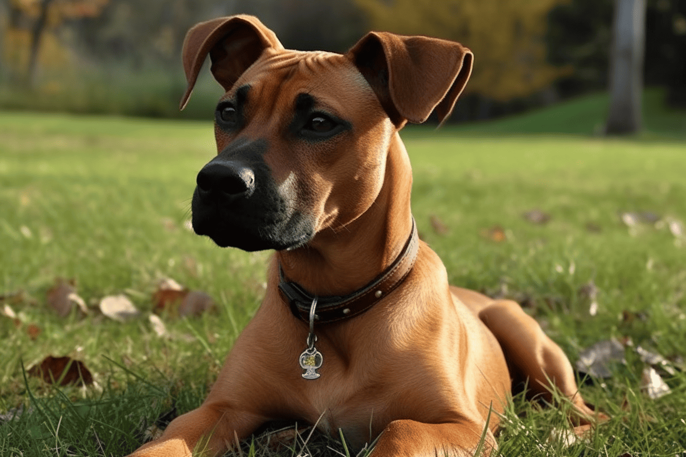 Adorable brown dog lying on grass in a park, looking attentively.