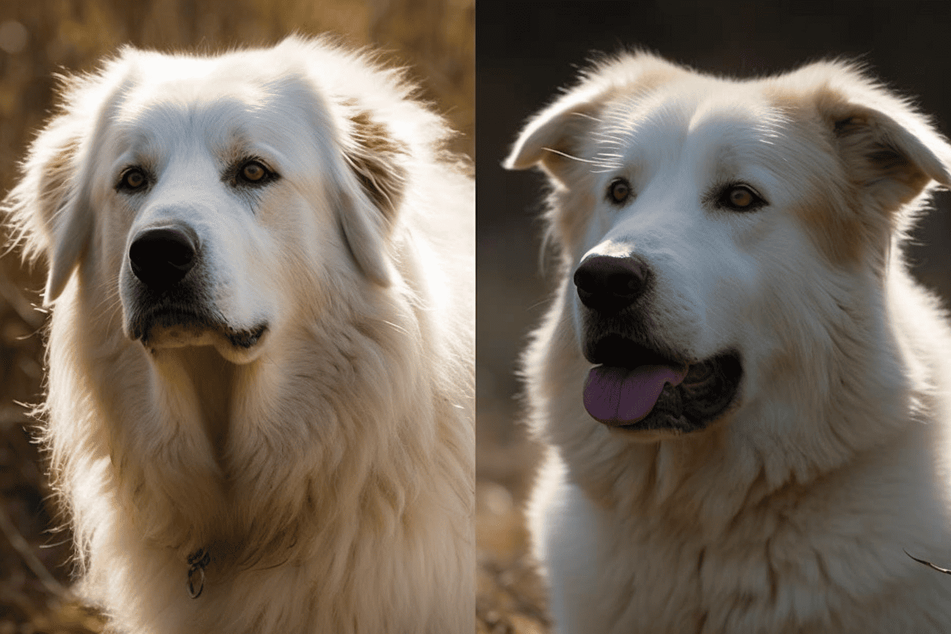 Beautiful white dog outdoors, fluffy coat, attentive and gentle, perfect family pet.