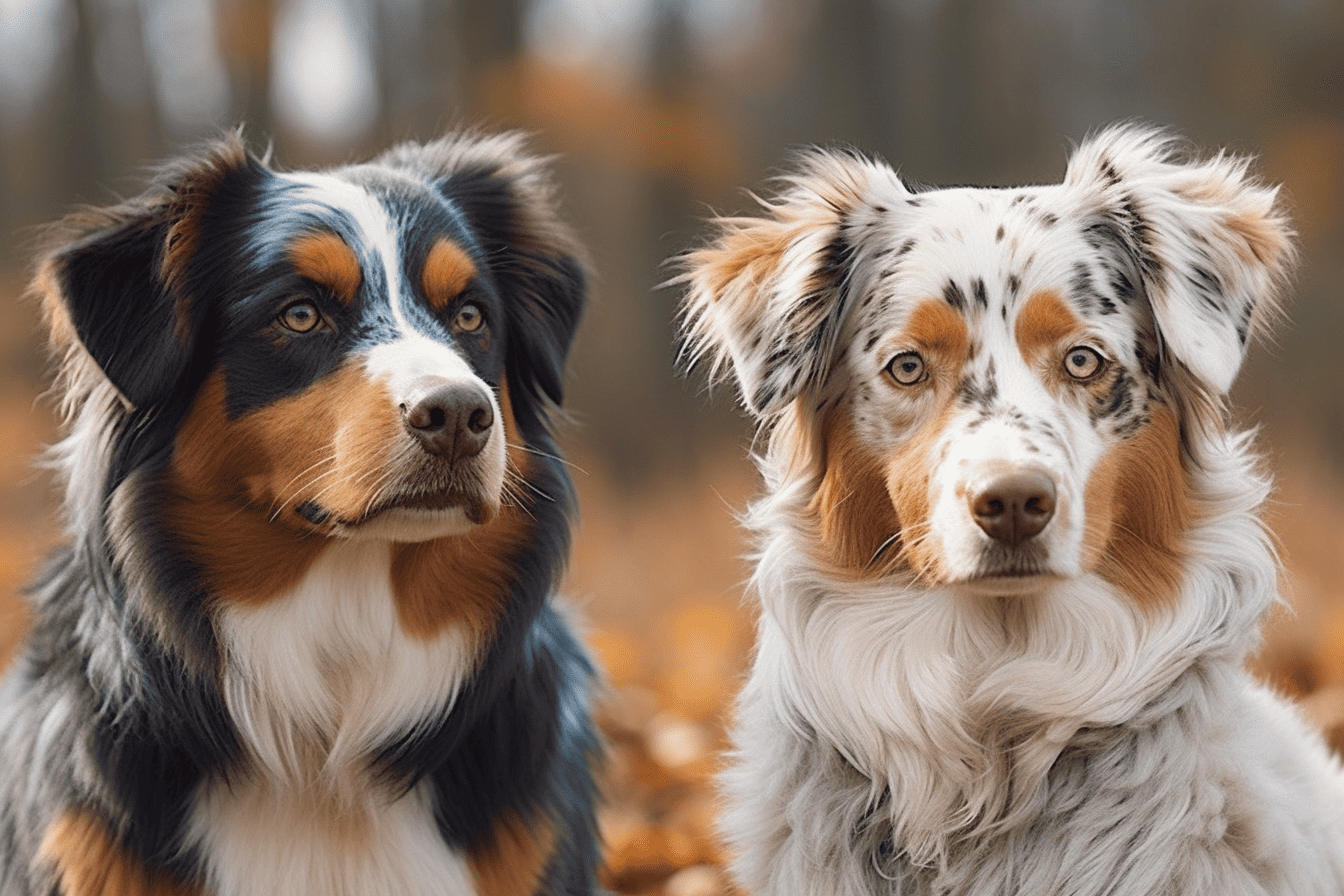 A close-up of an Australian Shepherd and a puppy, outdoors in autumn with blurred fall foliage background.