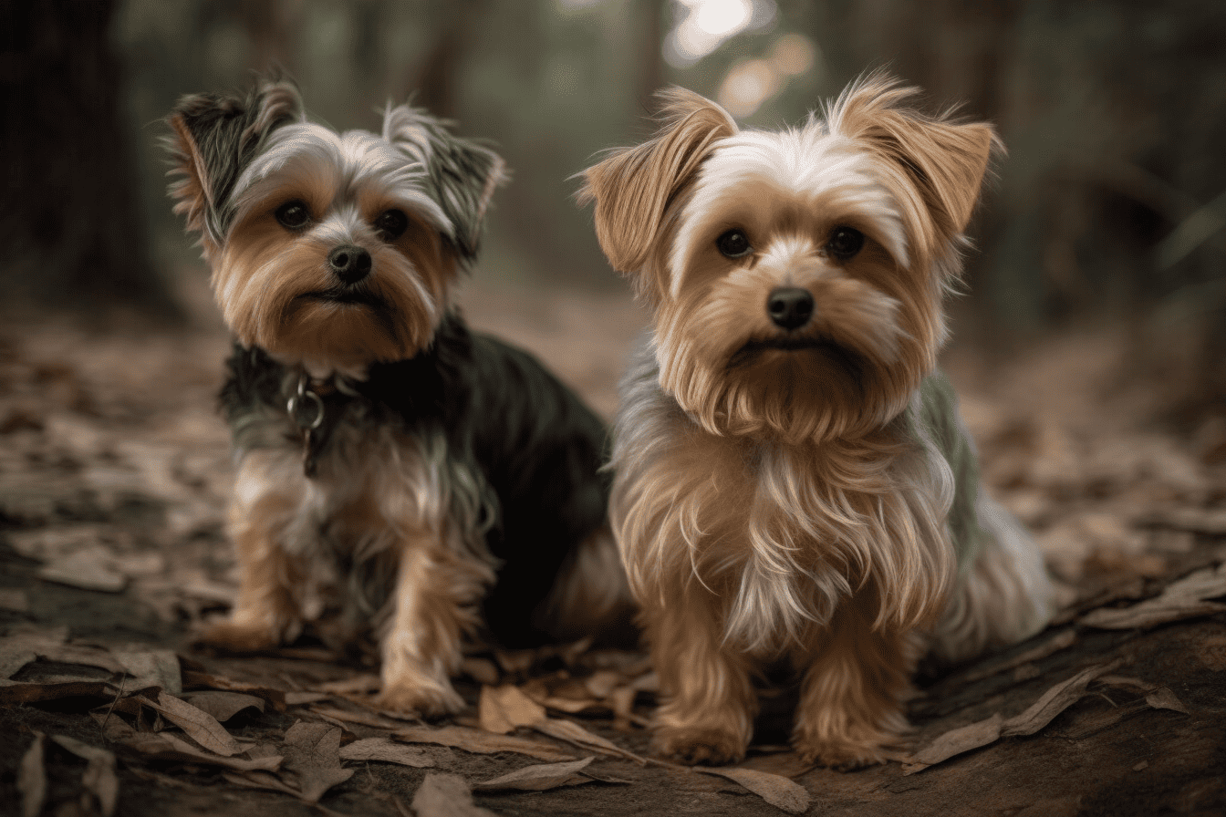 Adorable Yorkie dogs sitting on forest floor, perfect for dog lovers and pet care.