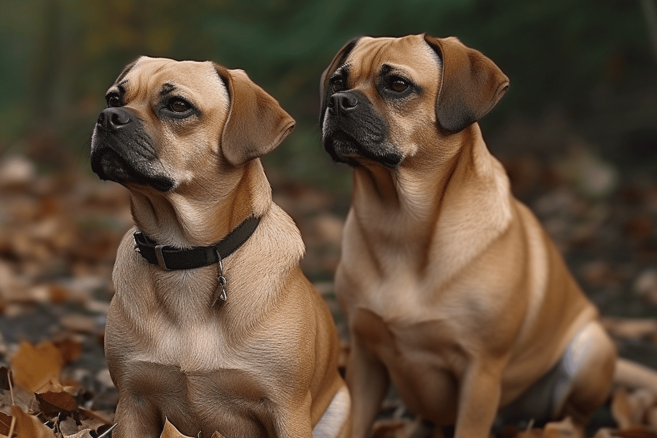 Adorable French Bulldogs sitting outdoors surrounded by fallen autumn leaves.