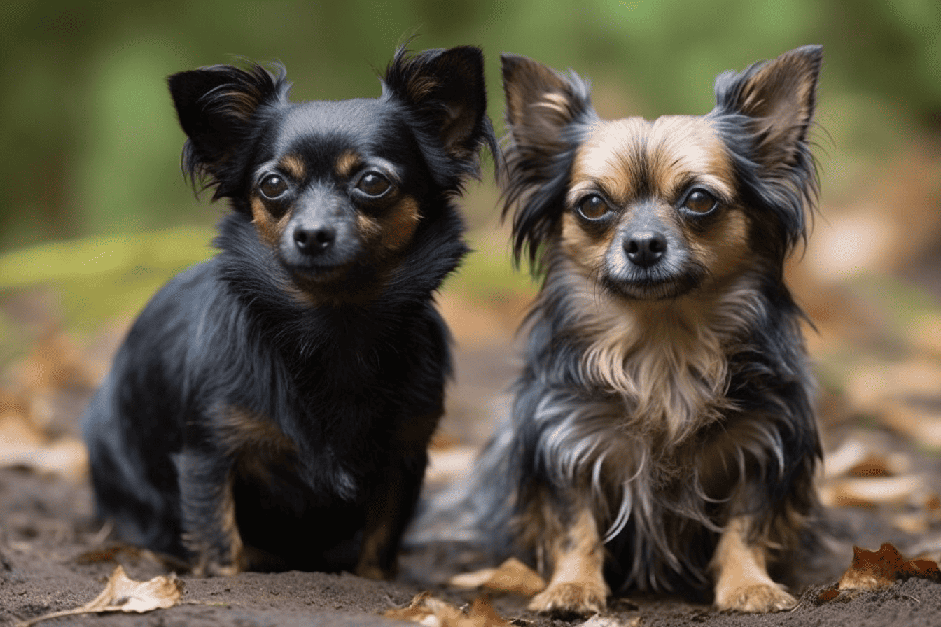 Cute Chihuahua dogs sitting outdoors on fallen leaves, furry and alert.