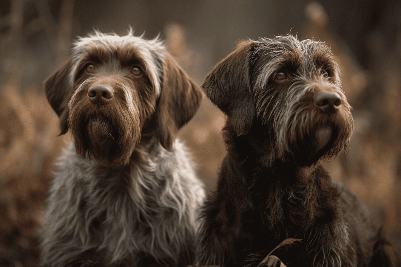 An adorable pair of wirehaired retrievers sitting together in a natural outdoor setting, showcasing their adorable and fluffy appearance.