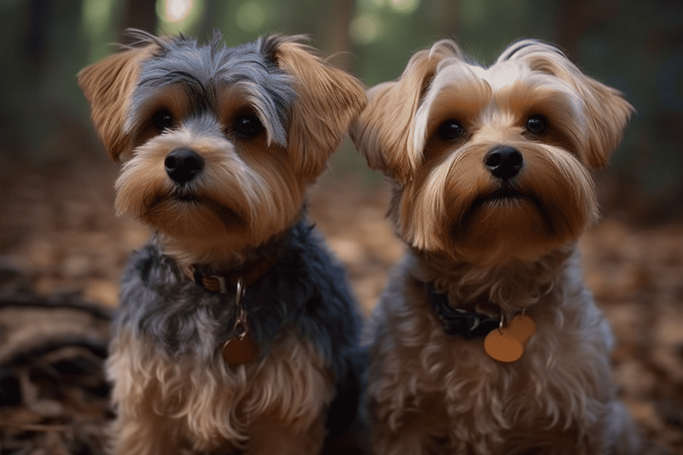 Cute Yorkshire Terriers sitting together in autumn park, loyal and affectionate dogs.