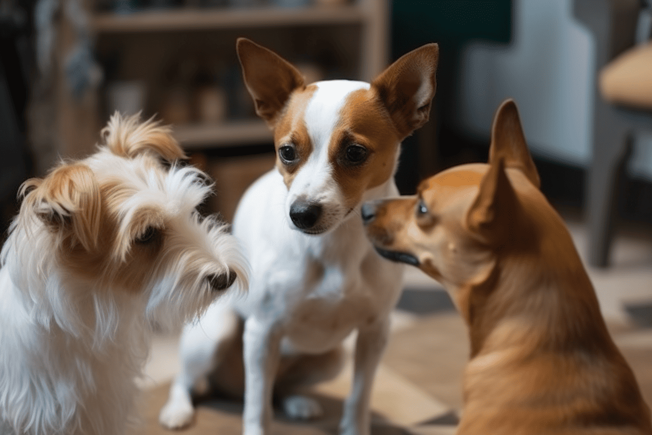 Alt text: Three dogs interacting and socializing inside a cozy home setting.