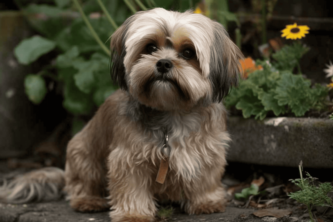 Adorable dog sitting outdoors among plants and flowers, showcasing a fluffy coat and friendly expression.
